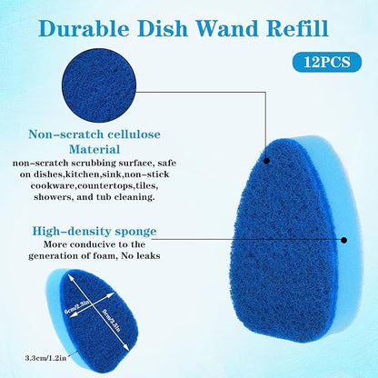 12 Pcs Dishwasher Sponge Dishwand Refills Scrubber Sponges Non Scratch Head Replacement for Dish Wand Heavy Duty Scrub Dots Dispenser Scrubber Pads for Kitchen Cleaning Blue