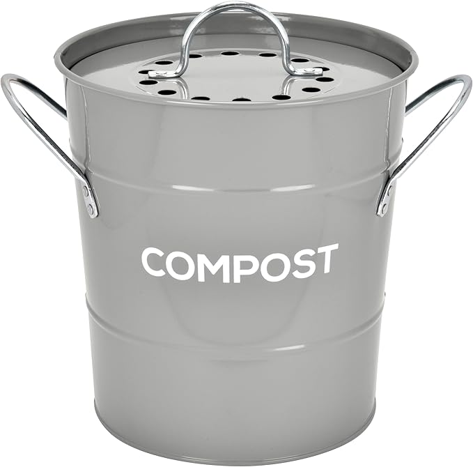 Indoor Kitchen Compost BIN, Great for Food Scraps, Includes Charcoal Filter for Odor Absorbing, Removable Clean Plastic Bucket, Handles, Durable Stainless Retro Design, 1 Gallon, Grey