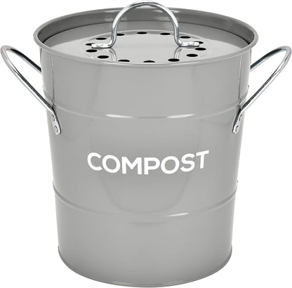 Indoor Kitchen Compost BIN, Great for Food Scraps, Includes Charcoal Filter for Odor Absorbing, Removable Clean Plastic Bucket, Handles, Durable Stainless Retro Design, 1 Gallon, Grey