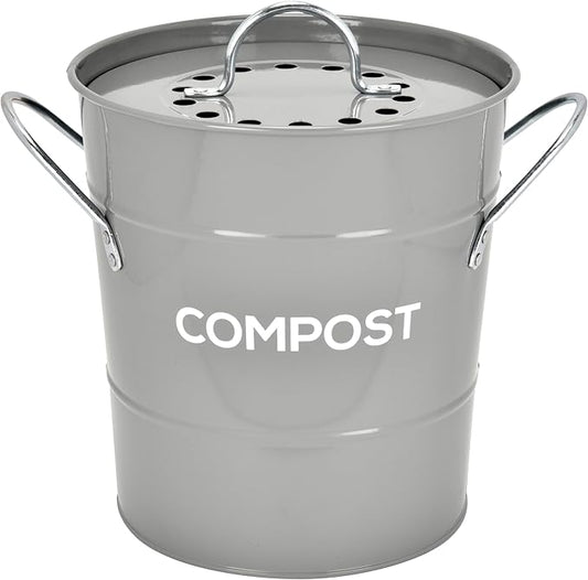 Indoor Kitchen Compost BIN, Great for Food Scraps, Includes Charcoal Filter for Odor Absorbing, Removable Clean Plastic Bucket, Handles, Durable Stainless Retro Design, 1 Gallon, Grey
