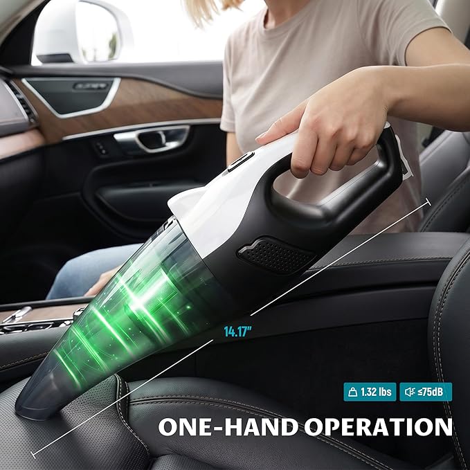 Handheld Vacuum Cordless, 6000Pa Strong Suction for Car Seats & Pet Hair, with USB and 5 m Car Charger, Portable with LED Light for Home Office, Lightweight