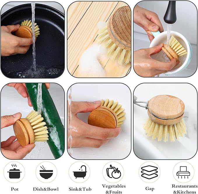 Kifmurase 12Pcs Bamboo Dish Scrub Brush for Kitchen Sink, Wooden Dish Brushes for Cleaning, Natural Bristle Brush, Palm Kitchen Scrub Brushes for Pots, Pans, Cookware
