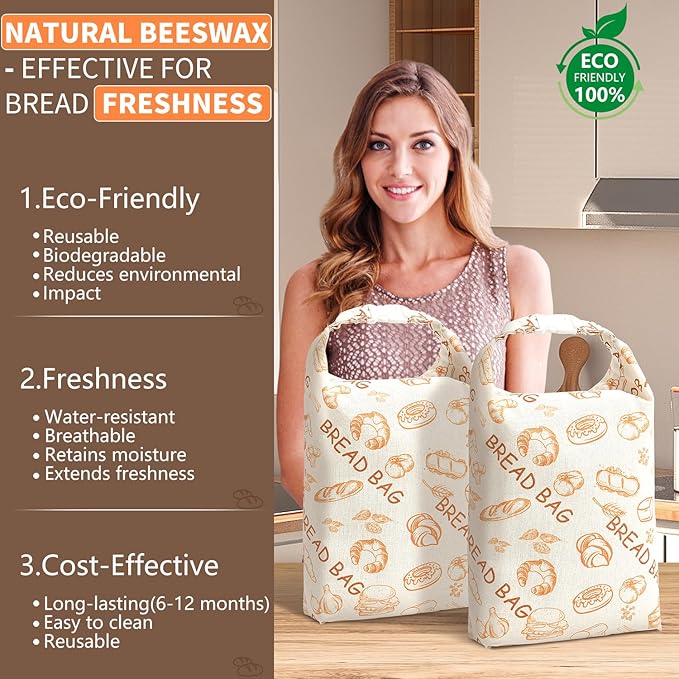 Reusable Beeswax Bread Bags(2 Pack), Beeswax Bags for Sourdough/Homemade Bread, Natural Cotton Bees Wax Bag, Fresh and Refrigerable, New Upgrade Food Storage Bag, Large Capacity and Portable
