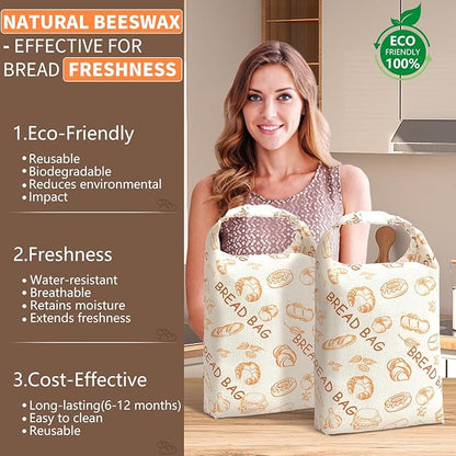 Reusable Beeswax Bread Bags(2 Pack), Beeswax Bags for Sourdough/Homemade Bread, Natural Cotton Bees Wax Bag, Fresh and Refrigerable, New Upgrade Food Storage Bag, Large Capacity and Portable