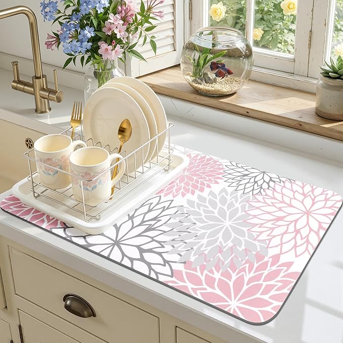Findosom Dish Drying Mat, 12" x 20" Super Absorbent Dish Mat with Floral, Hide Stain Drying Mat for Kitchen Counter, Under Dish Rack, Coffee Maker, Espresso Machine, Pink
