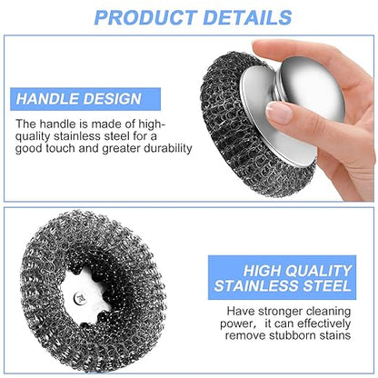 2Pcs Stainless Steel Wool Scrubber with Handle, 4 Replacement Steel Scrubber Wool Pads，Stainless Steel Scrubber for Cleaning Cast Iron, Dishes, Kitchen Pots, Pans, Grills, Stoves, Sink