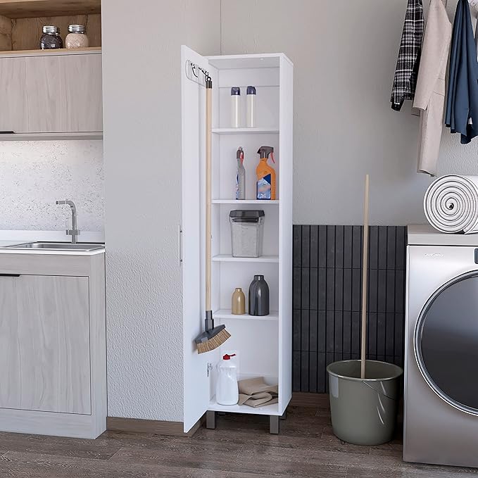 Tall Storage Cabinet Single Door with 3 Broom Hangers White Particle Board 5 Interior Shelves 11 in D x 14.4 in W Ergonomic Freestanding Organizer for Laundry Mudroom Closet