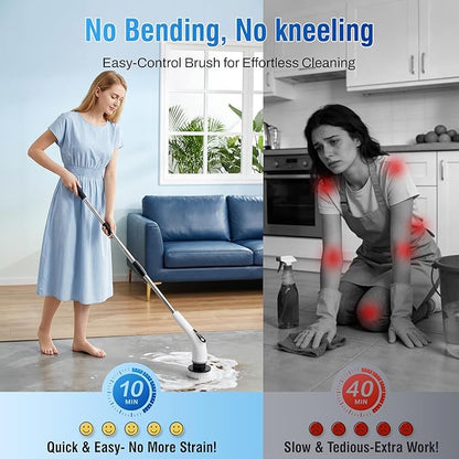 Electric Spin Scrubber, Cordless Cleaning Brush with 8 Replaceable Heads, Five-Speed Power Scrubber with Adjustable Handle for Bathroom, Tub, Floor, Tile & Car – Clean Without Bending