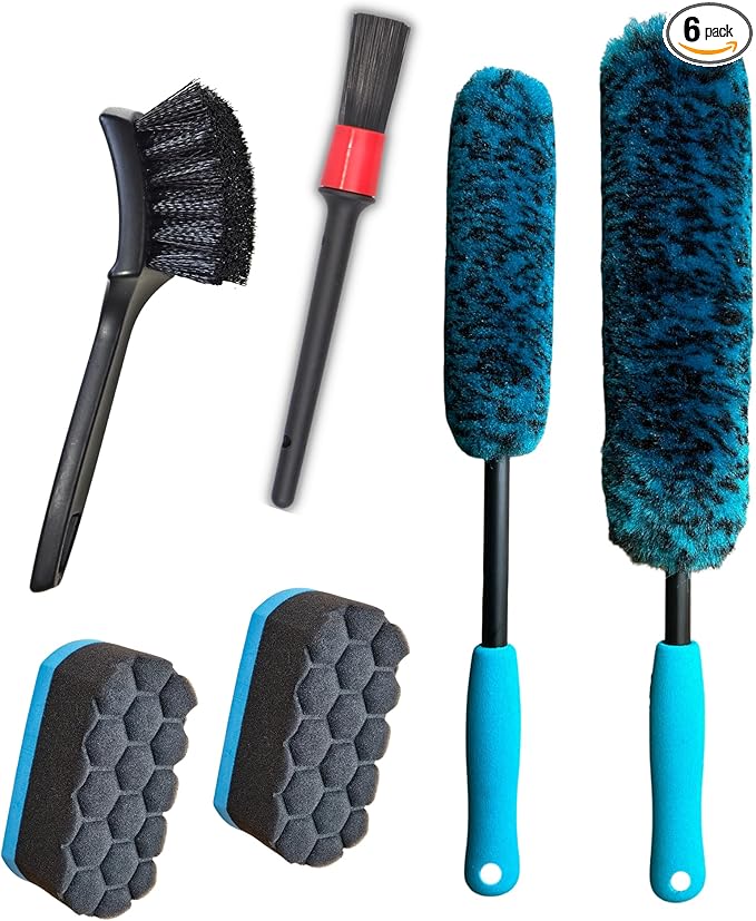 oesee 6PCS Car Wheel Cleaning Detailing Pro Kit, Tire Brush, 2 PCS Soft Wool Rims Brush, Detailing Brush, and Tire Dressing Pads, Scratch-Free & Multipurpose Tire Brush