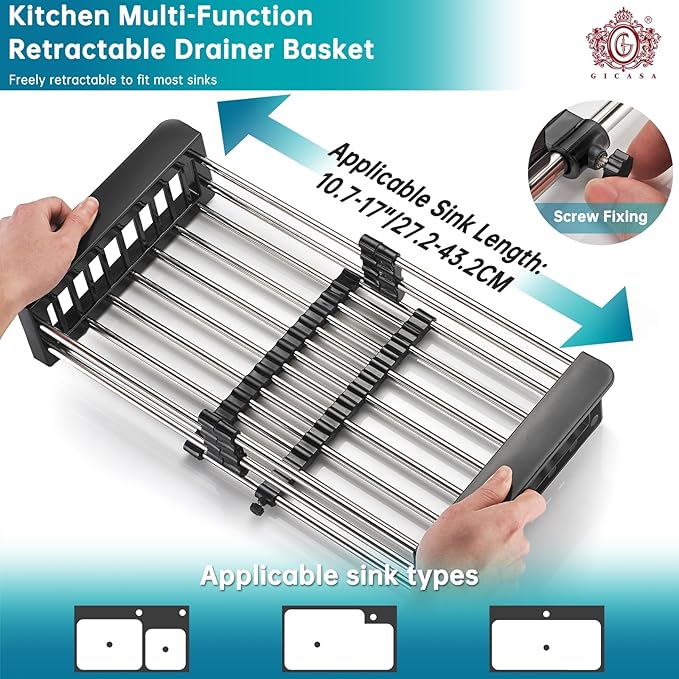 Kitchen Multi-Function Retractable Sink Dish Drying Rack, Stainless Steel Drainer for 10.7"-17" Sinks, Kitchen Countertop Organizer for Dishes, Vegetables, and Fruits (Black & Small)