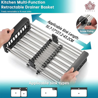 Kitchen Multi-Function Retractable Sink Dish Drying Rack, Stainless Steel Drainer for 10.7"-17" Sinks, Kitchen Countertop Organizer for Dishes, Vegetables, and Fruits (Black & Small)