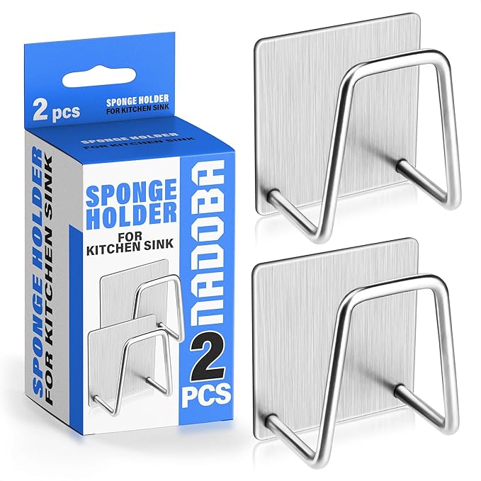 2 Pcs Stainless Steel Sponge Holder for Kitchen Sink - Scrub Holder for Kitchen Sink Sponge Holder Dish Scrubber Holder Kitchen Sponge Holder for Sink - Adhesive Sponge Holder for Kitchen Sink