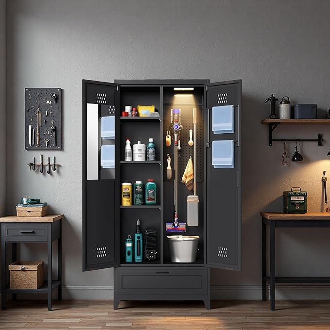 DWVO Metal Garage Storage Cabinet with Pegboard, 71" Tall Broom Cabinet with Lights, Adjustable Shelves, Heavy Duty Tool Storage Cabinet for Garage, Cleaning Room, Gym