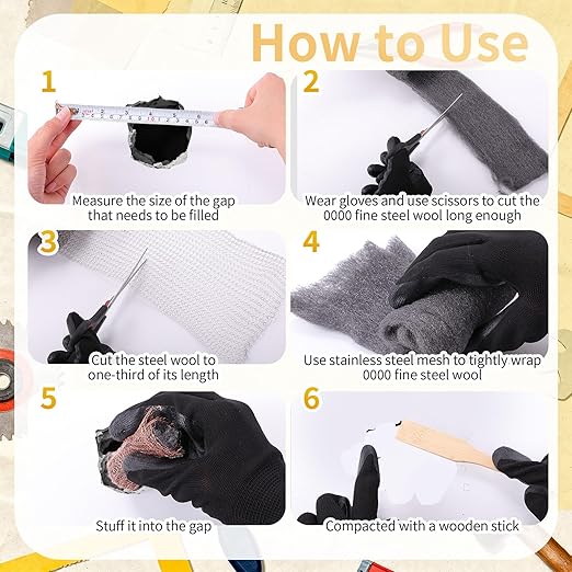 Copper Mesh Rodent Control Kit 1 Pack Rustproof Mesh Roll and 0000 Steel Wool Mouse Hole Filler with Gloves, Scissors for House Garden Home Garage(5in X 9.8ft)