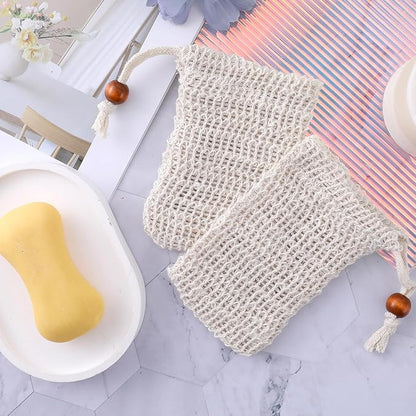 2PCS Soap Saver Bag, Sisal Exfoliating Soap Pouch, Natural Cotton-Linen Exfoliating Net Pouch with Drawstring, Foaming and Drying Exfoliating-Mesh Pouches for Bath and Shower (13x8.5cm, Beige)