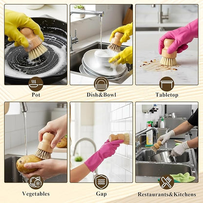 7 Pcs Bamboo Scrub Brushes Set, Kitchen Dishwashing Scrubber with Natural Sisal/Palm Bristles, Round Mini Dish Brush with Ceramic Holder, for Kitchen Sink Pans Pots Vegetables Cleaning