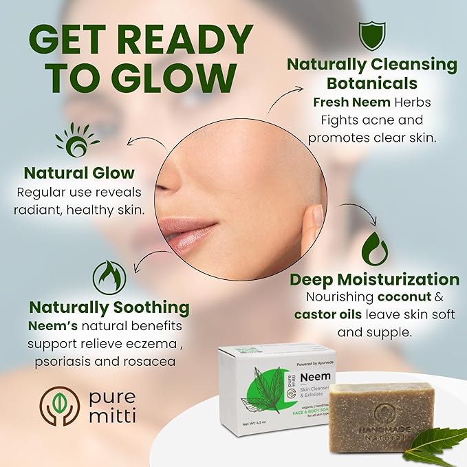 Neem Soap Bars [4.5 oz x 3 Pcs.] Organic Ayurvedic Soap for Face & Body with Neem, Castor Oil & Coconut Oil – Cold Process, Plastic-Free, Herbal Cleansing