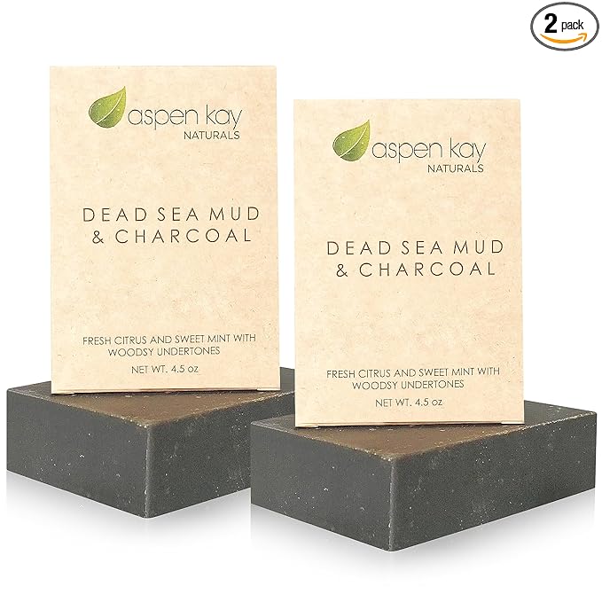 Aspen Kay Naturals Dead Sea Mud and Charcoal Soap Bar. With Organic Shea Butter & Pure Essential Oils. Charcoal Face Wash for Men, Women & Teens. (2 pack)