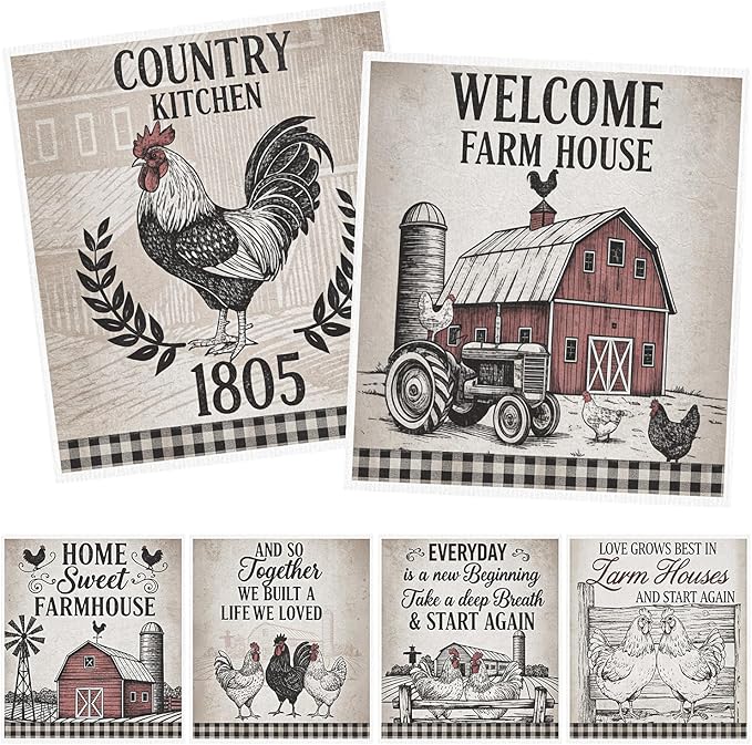 Reusable Swedish Dishcloths for Kitchen, 6PCS Farm House Cellulose Sponge Paper Towels Washable, Country Absorbent Fast Drying Swedish Dish Cloth for Home Cleaning