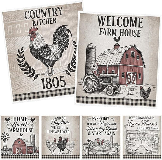 Reusable Swedish Dishcloths for Kitchen, 6PCS Farm House Cellulose Sponge Paper Towels Washable, Country Absorbent Fast Drying Swedish Dish Cloth for Home Cleaning