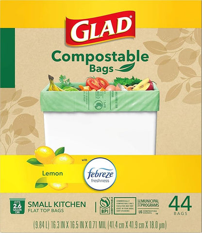Glad Trash Bags, Kitchen Compost Bags 2.6 Gallon Garbage Bags, 100% Compostable Bag, Febreze Lemon, 44 Count (Package May Vary), Light Yellow