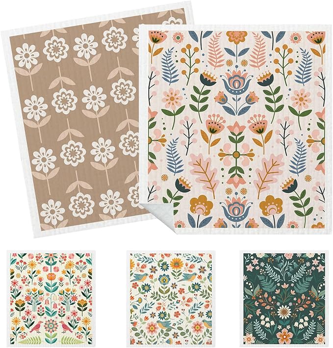 5 Pack Mixed Farmhouse Flower Swedish Kitchen Dishcloths Dish Towels, Country Garden Dish Towels for Kitchen, Swedish Dishcloth, Paper Towels Reusable, Dish Cloth Towel Cleaning Wipe for Home