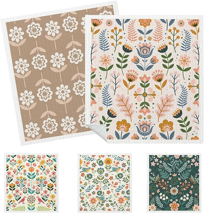 5 Pack Mixed Farmhouse Flower Swedish Kitchen Dishcloths Dish Towels, Country Garden Dish Towels for Kitchen, Swedish Dishcloth, Paper Towels Reusable, Dish Cloth Towel Cleaning Wipe for Home