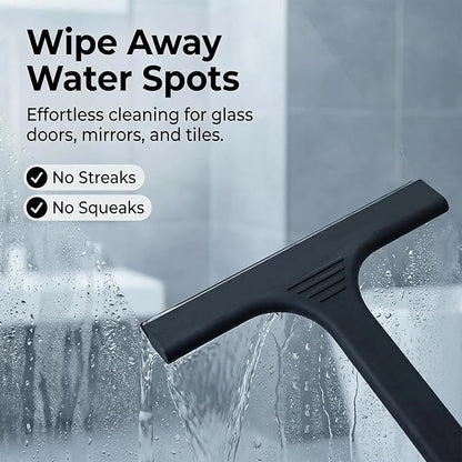 Silicone Shower Squeegee - All-in-One Design with Built-in Hook, 10 Inch Streak-Free Bathroom and car Cleaner for Glass Doors, Mirrors, Windows, Tiles Black