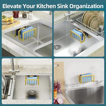 TAILI Sink Caddy with Strong Suction Cup, Sponge Holder for Kitchen Sink Oganizer, Removable Rustproof Aluminum Sponge Holder, Dish Brush for Scraper - Gold