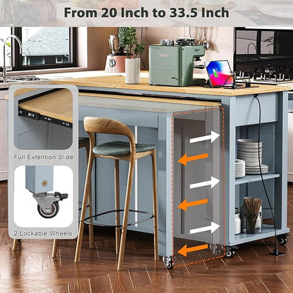 47" Kitchen Island with Extendable Dining Table, Movable Farmhouse Kitchen Islands with Storage Rack, Power Outlet, Island Table on Wheels with 2 Storage Drawers & 2 Cabinets, Grey Blue