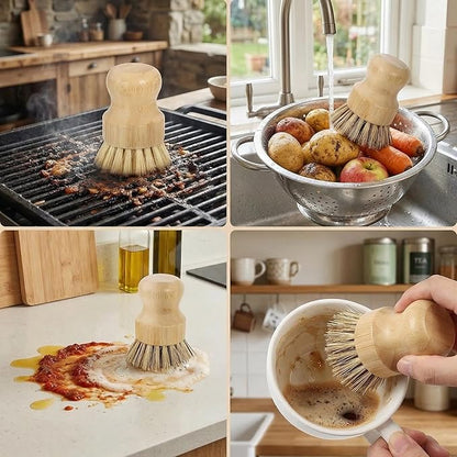 Bamboo Dish Brush Set – Natural Bamboo Brush with Sisal & Palm Bristles for Non-Stick Cookware, Pots, Vegetables, and Kitchen Cleaning - Eco-Friendly Vegetable Brush（2PCS）