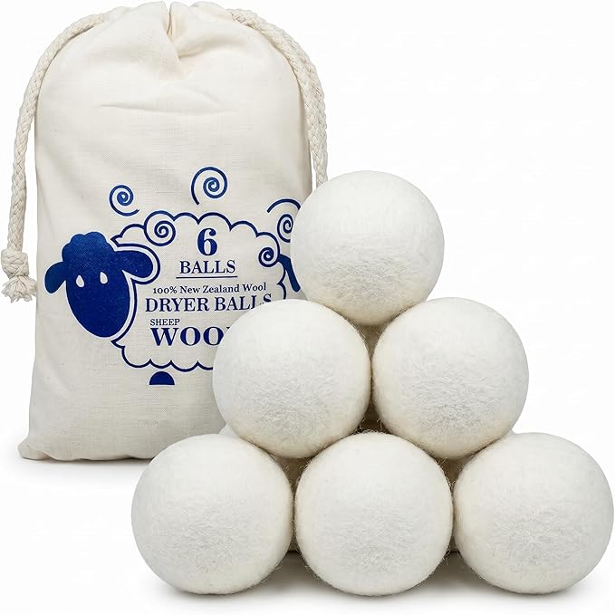 XL Wool Dryer Balls (6-Pack) - 100% Organic New Zealand Wool Laundry Balls for Dryer - Natural Fabric Softener & Reusable Anti Static Solution to Reduce Wrinkles & Shorten Drying Time