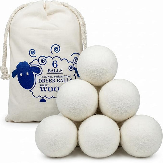 XL Wool Dryer Balls (6-Pack) - 100% Organic New Zealand Wool Laundry Balls for Dryer - Natural Fabric Softener & Reusable Anti Static Solution to Reduce Wrinkles & Shorten Drying Time