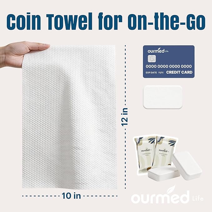 Ourmed Life Mini Compressed Towel Tablets, Disposable Washcloths, Individually Wrapped Mini Tablets, Expands with Water, Soft & Lint-Free, 12 x 10 Inch, Travel Size (56 Count)