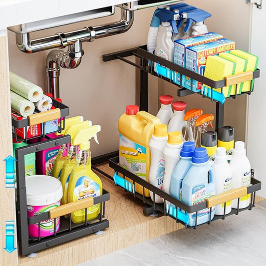 ADBIU Under Sink Organizer, 2 Pack 2 Tier Expandable Height (13.2" - 17.2") Pull Out Kitchen Bathroom Cabinet Organizers and Storage Shelf