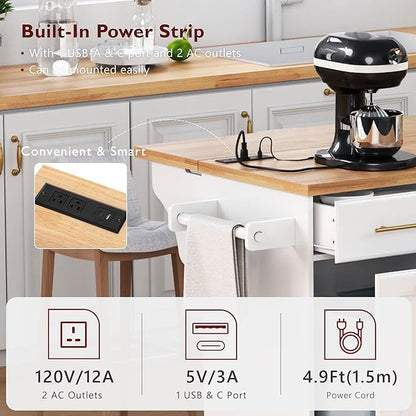 59.3" Kitchen Island with Drop Leaf and Pull Out Trash Can Storage Cabinet, Rolling Kitchen Island Table with Power Outlet, Spice & Towel Rack for Kitchen, Dining, White