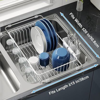 JASIWAY White in Sink Dish Drying Rack, Expandable Stainless Steel Small Dish Rack Over Kitchen Sink, Plate Drainer Strainer with Utensil Holder & Cup Holders, Counter Space Saving Wire Dryer Rack