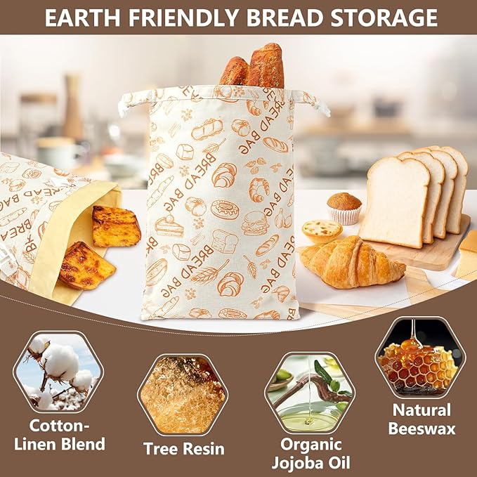 Reusable Beeswax Bread Bags(2 Pack), Beeswax Bags for Sourdough/Homemade Bread, Natural Cotton Bees Wax Bag, Fresh and Refrigerable, New Upgrade Food Storage Bag, Large Capacity and Portable