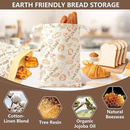 Reusable Beeswax Bread Bags(2 Pack), Beeswax Bags for Sourdough/Homemade Bread, Natural Cotton Bees Wax Bag, Fresh and Refrigerable, New Upgrade Food Storage Bag, Large Capacity and Portable