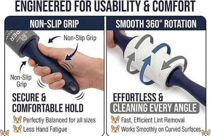 Extra Sticky Lint Roller for Pet Hair (600 Sheets) — 6-Pack, Straight-Cut Sheets, Ergonomic Navy Handles — Cat & Dog Hair Remover for Clothes, Furniture & Car