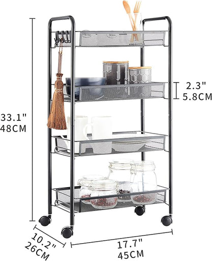 JANE EYRE Rolling Utility Storage Rack Cart on Wheels, Trolley Carft cart, Multi-Purpose Organizer Shelf (Black, 4 Tier)…