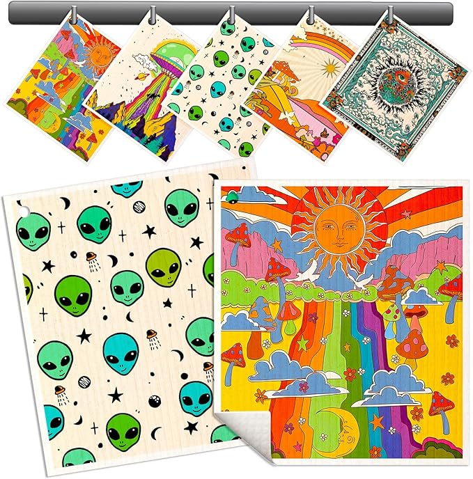 Miss Adola Swedish Dishcloths for Kitchen - 5 Pack Reusable Dish Cloths for Washing Dishes Absorbent Cute Funny Kitchen Towels Cleaning Sponge, Alien