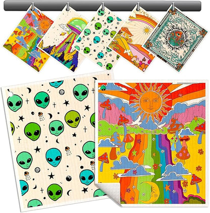 Miss Adola Swedish Dishcloths for Kitchen - 5 Pack Reusable Dish Cloths for Washing Dishes Absorbent Cute Funny Kitchen Towels Cleaning Sponge, Alien