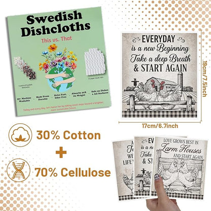 Reusable Swedish Dishcloths for Kitchen, 6PCS Farm House Cellulose Sponge Paper Towels Washable, Country Absorbent Fast Drying Swedish Dish Cloth for Home Cleaning
