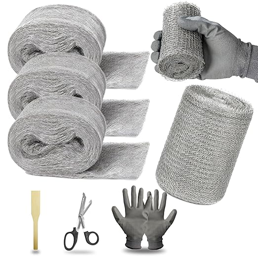 Steel Wool Mice Control - 3 Packs 2.75" x 12.5 FT 0000 Steel Wool & 1 Pack 5" x 19.6 FT Wire Mesh Kit with Wooden Stick, Gloves and Scissors, Rodent Mouse Hole Filler for House Garage Garden Wall Gaps