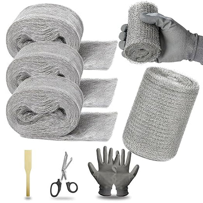 Steel Wool Mice Control - 3 Packs 2.75" x 12.5 FT 0000 Steel Wool & 1 Pack 5" x 19.6 FT Wire Mesh Kit with Wooden Stick, Gloves and Scissors, Rodent Mouse Hole Filler for House Garage Garden Wall Gaps