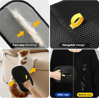 4PCS Professional Pet Hair Remover Glove Set, Black Mesh, Grooming Brush with Silicone Tips, for Dogs and Cats (3-Pack Gloves + 1 Brush)