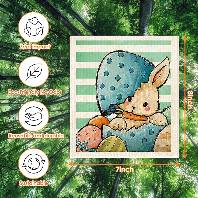 Easter Bunny Gnome Swedish Dishcloths Reusable Sustainable Biodegradable Cellulose Sponge Cleaning Cloths for Kitchen Dish Rags Paper Towel Replacement