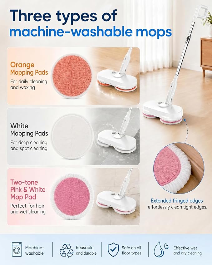 buways Lightweight Cordless Electric Mop, Self-Propelled Electric Spin Mop, Gravity Assist Pressure, 8000mAh Battery, LED Light & Water Spray, for Hardwood, Tile & Laminate Floors