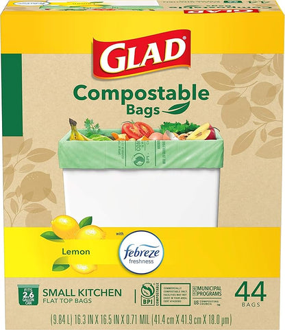 Glad Trash Bags, Kitchen Compost Bags 2.6 Gallon Garbage Bags, 100% Compostable Bag, Febreze Lemon, 44 Count (Package May Vary), Light Yellow
